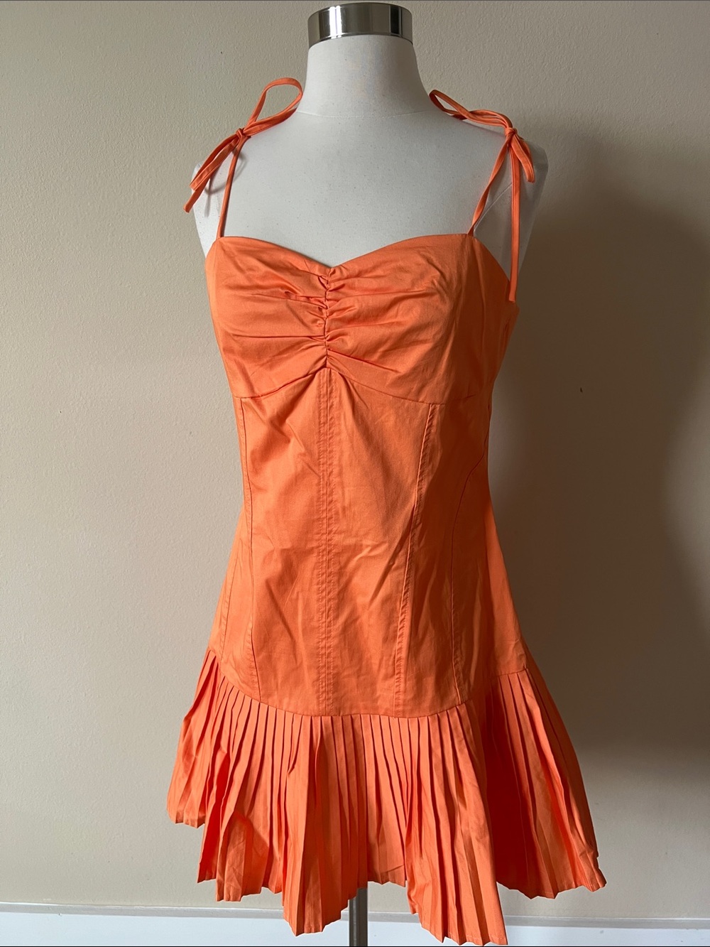 Tie-Shoulder Orange Ruched Bodice Pleated Hem Mini Dress